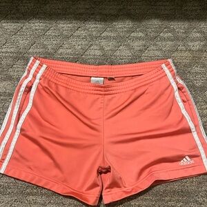 Adidas shorts, size US XS, peach/coral w/ white stripes, pockets on each side!